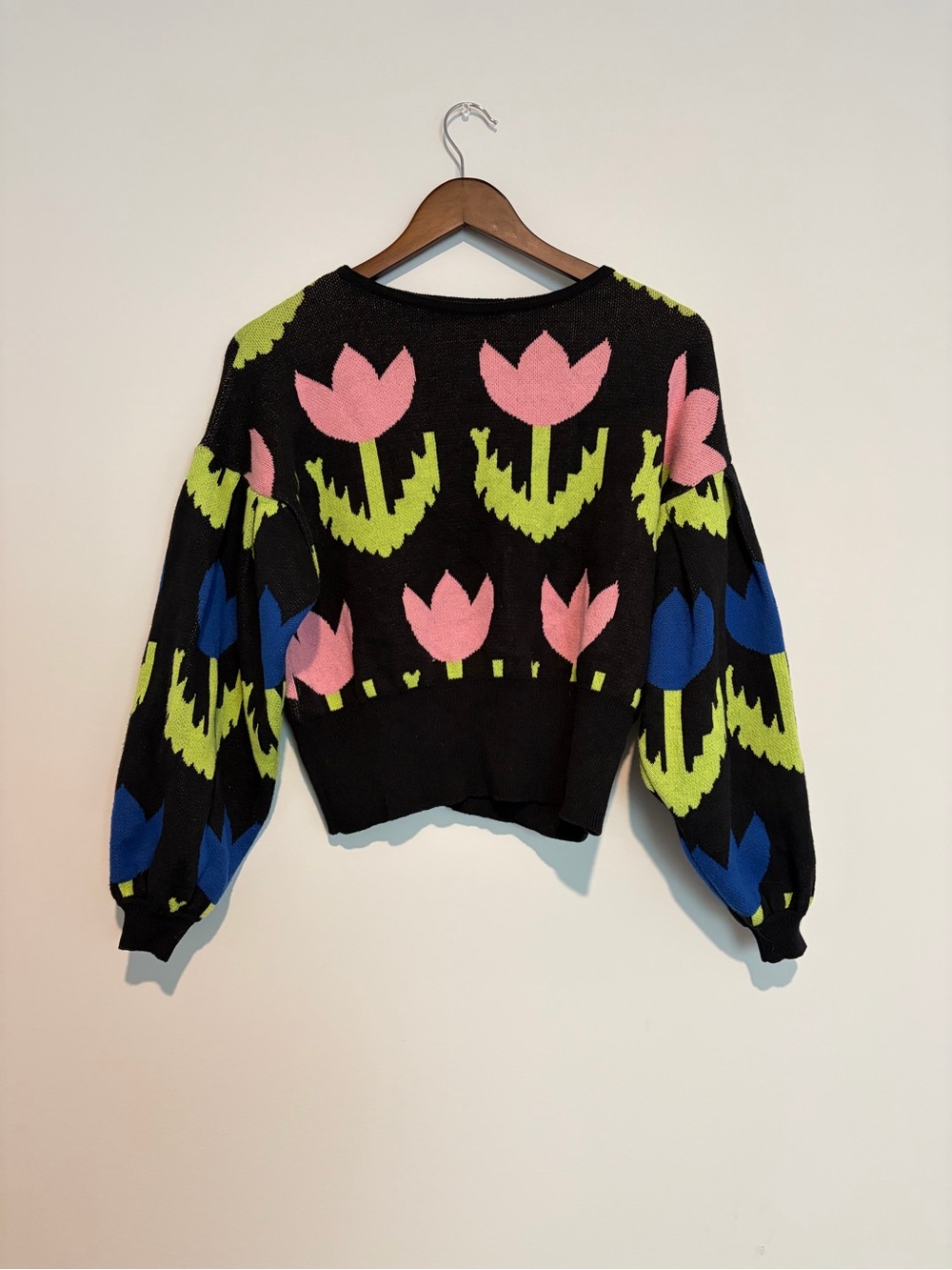 Pastiche Tulip Sweater XS Made Uruguay Floral Balloon Sleeve Dopamine Knit